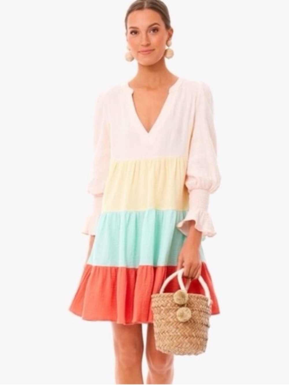 Tuckernuck Pomander Place V-Neck Mini Dress in Coral, Mint & Light Pink